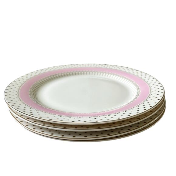 NEW Grace Teaware Fine Porcelain Salad Plates 8" Pink White Gold Dots Set of 4 - Picture 4 of 15